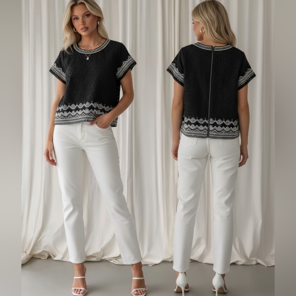Sea New York embroidered top black and whites lace